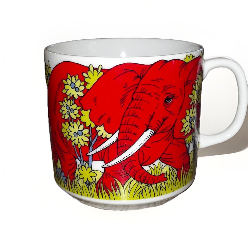 Vintage Elephant Wildlife Floral Colorful Coffee Mug Inches 3 Inches Tall Japan